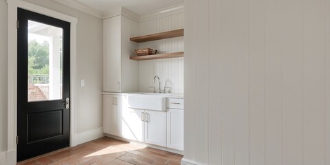 Elegant laundry room with neutral colors and transitional style, designed for organized mudroom storage and brick flooring, Earth Day