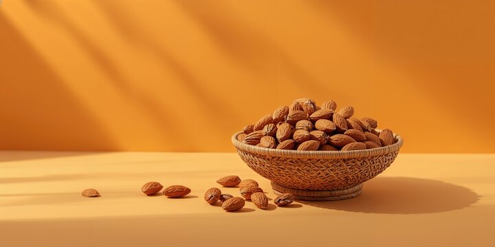 Small dish filled with raw almonds placed on a warm orange backdrop, food serving setup