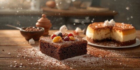 Chocolate and dry fruit dessert featuring brownie and cheesecake layers, with a focus on texture and flavor complexity