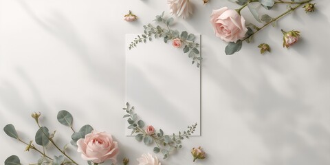 Fototapeta premium Unfilled wedding invitation card featuring flowers, intended as a background for event details, floral design for seasonal themes