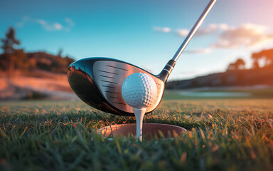 Golf club and ball ready to tee off at sunset on a golf course