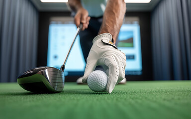 Golfer setting up for a shot in a simulator