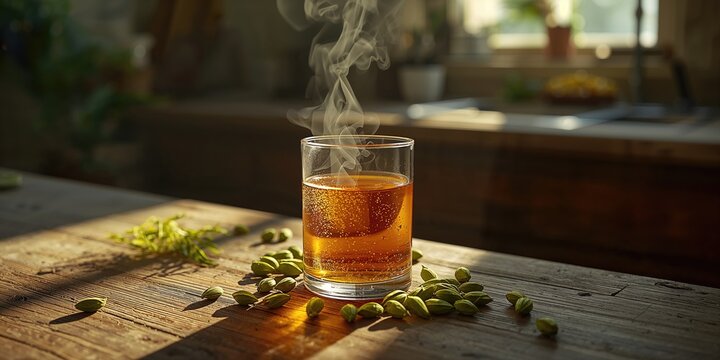 Herbal cardamom drink served in a cup, natural spice infusion for wellness