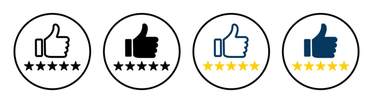 Five star rating icons with thumb up in round buttons set on transparent background