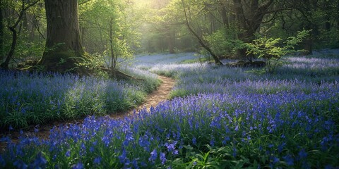 Naklejka premium Hyacinthoides non-scripta in full bloom in forest, spring renewal