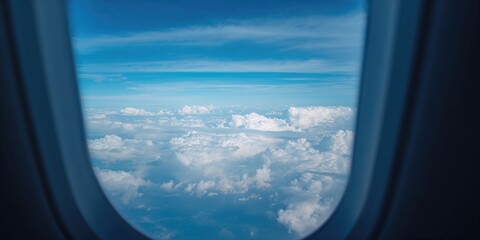 Fototapeta premium View from airplane window seat showing clouds and sky, suitable for an atmospheric background in editorial layouts