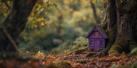 Obraz premium Miniature purple cottage nestled among ancient tree branches for solitude, Nature Preservation Day