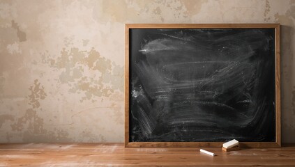 Black chalkboard accompanied by sponge and chalk in a classroom setting, highlighting teaching materials and instructional space