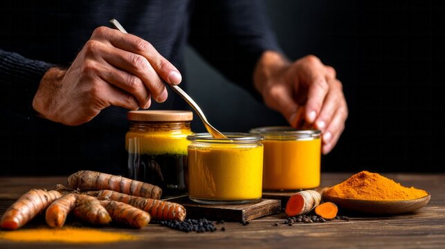 Person stirring golden milk latte or turmeric paste, preparing healthy ingredients on a wooden table