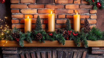 Warm candlelight on fireplace mantel with festive decor
