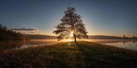 Naklejka premium Morning sunrise over a canal in a rural area, natural light and landscape features