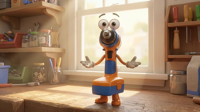Drill Machine Cartoon Character in a Bright Lively Workshop