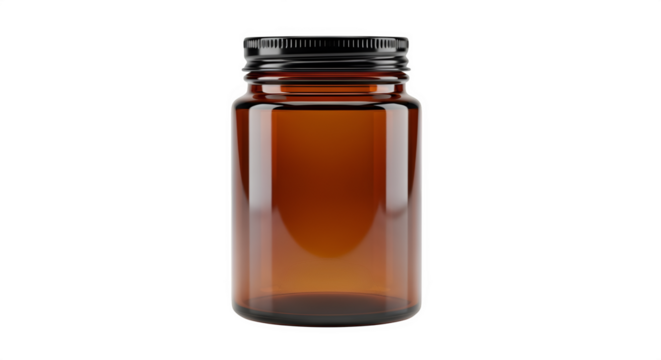 Amber glass apothecary jar with screw cap empty container for supplements or liquids isolated on transparent background - Powered by Adobe
