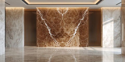 Luxurious emperador marble with white veins applied in contemporary interior wall and floor designs, focusing on surface durability