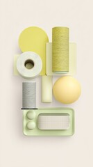 Geometric arrangement of yellow and green household items on beige background
