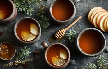 Hot herbal tea with lemon and honey