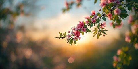 Fototapeta premium Close-up of a tree branch with colorful flowers and fresh green leaves, seasonal growth, Earth Day