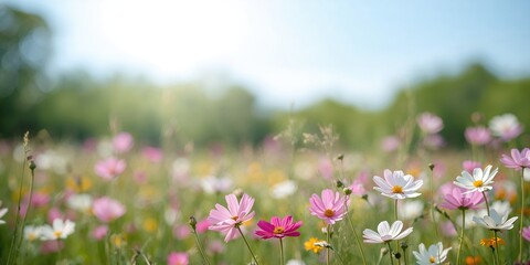 Obraz premium Cosmos flowers in the field, natural seasonal bloom for garden decoration