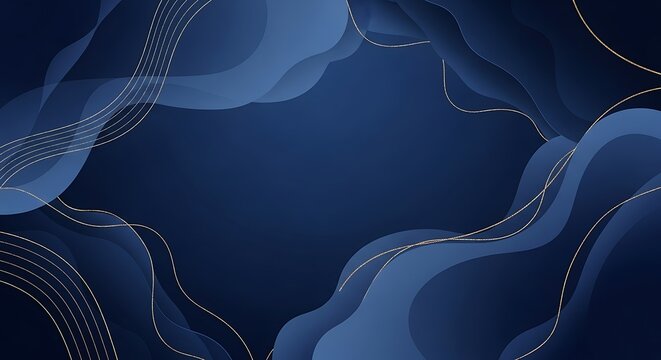 Abstract layered blue shapes with golden lines on dark background - Powered by Adobe