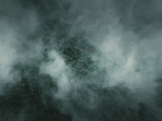 Aerial view of dense fog shrouding the landscape, obscuring details in a mysterious, ethereal atmosphere, Mount Etna, Sicilia, Italy.