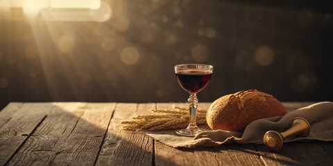 Wine and bread set on a rustic wooden surface, highlighting ceremonial food elements in religious observance