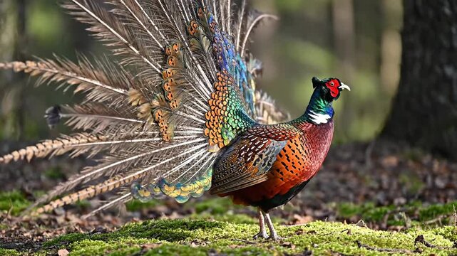 4K video of a red-bellied pheasant (phasianus colchicus) performing its vibrant mating dance, the male spreading stunning feathers in a colorful, graceful display of natural beauty & wildlife behavior