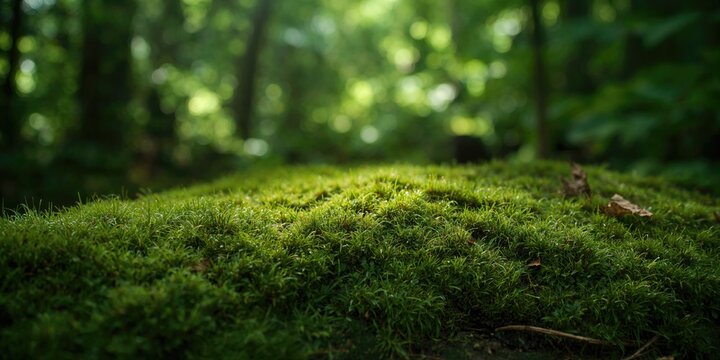 Close-up of lush green moss on forest floor, natural textures suitable for background wallpaper, Earth Day - Powered by Adobe