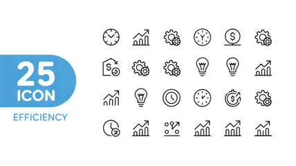 A clean vector illustration presenting 25 minimal line icons for business efficiency, productivity, and strategic growth concepts
