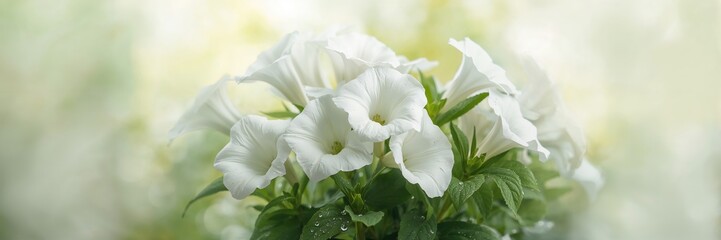 Obraz premium Close-up of white petunia flowers in a garden setting, delicate petal textures, floral arrangement, annual bloom season