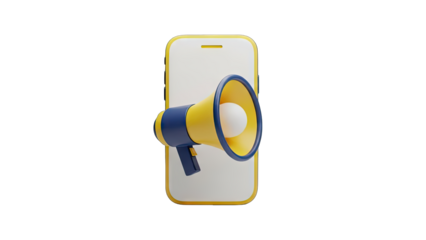 3D Illustration of a Yellow and Blue Megaphone on a White Smartphone Screen Against a Transparent Black Background Representing Digital Marketing and Announcements