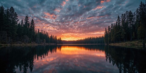 Scenic lake and forest scene at sunset, suitable as a tranquil background for text and layout © vxnaghiyev