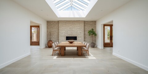 Fototapeta premium Light-filled dining area with stone wall and built-in fireplace, suitable for family gatherings, Earth Day