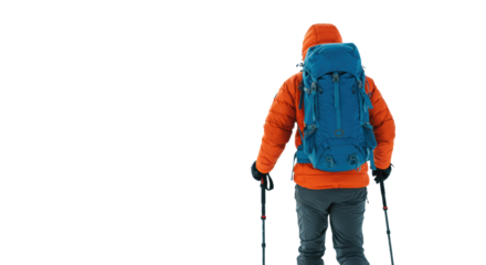 Photorealistic low-angle shot of a fit male hiker in a bright orange jacket and blue backpack walking away across untouched alpine snow with blurred mountain panorama Concept of solitary endurance