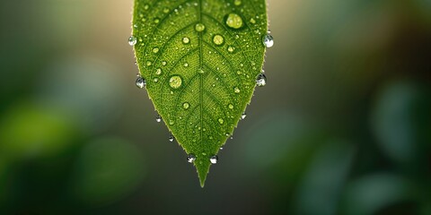 Macro shot of raindrops on vibrant green foliage emphasizing plant freshness, Earth Day