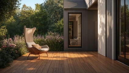 Garden scene featuring a chair on a wooden deck, used for outdoor seating and casual gatherings