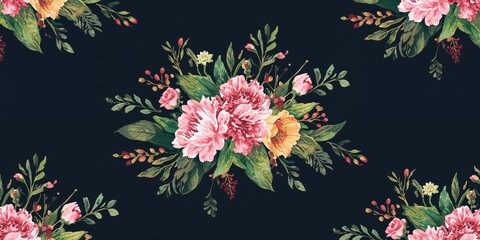 Obraz premium Colorful bouquet flowers arranged on a dark background for seamless pattern design, suitable for textile printing