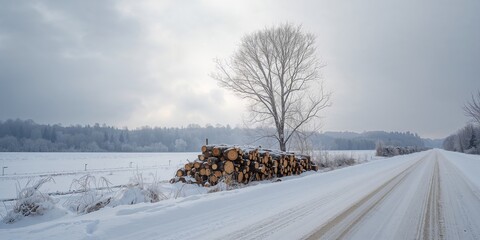 Naklejka premium Harvested timber logs stacked along a snowy roadside offering a winter landscape, suitable for forestry maintenance planning