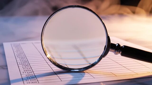 Close-up of a magnifying glass over a lined document, with soft smoky background. Focus on page now