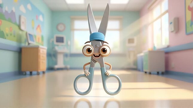 Cinematic Close-Up of Playful Scissors Mascot in Medical Setting