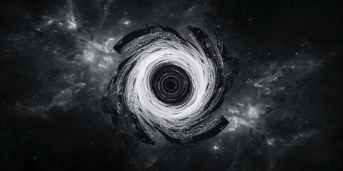 Computer-generated black and white model illustrating intensity distribution with accretion disk and dark matter, focused on astrophysical phenomena