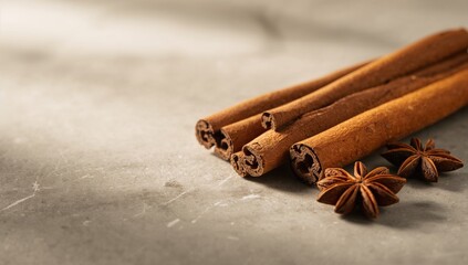 Marble tabletop with aromatic cinnamon sticks and anise, suitable for spice mix or baking background