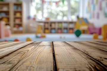 An empty wooden table sits in a children's room- surrounded by blurred toys and playful interior decor