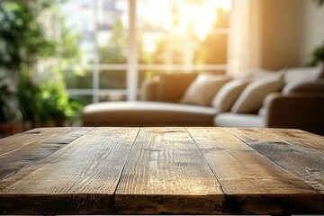An empty wooden table set against a blurred living room backdrop serves as an ideal setting for product display and montage purposes