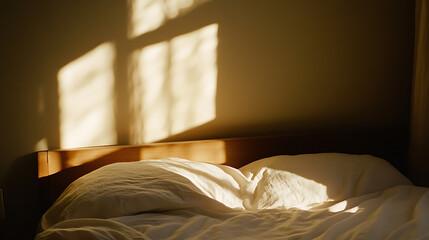 Morning Sunlight: Embracing the cozy comfort of a bed bathed in warm light, casting intricate shadow patterns on the wall, inviting relaxation and peaceful moments. The scene exudes tranquility.