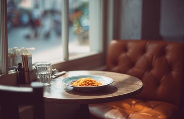 Plate of spaghetti on cafe table by window