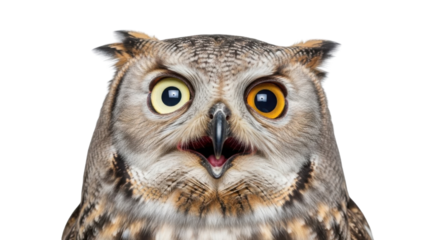 Close-up Portrait of Surprised Eurasian Eagle-Owl Head with Wide Open Eyes isolated PNG with Transparent Background