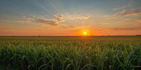 Naklejka premium Vivid sunset casting warm light over expansive green cornfield, seasonal change, Earth Day