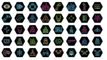 Futuristic technology icon set with glowing neon lines, showcasing innovation and advancement