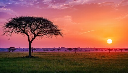 Sunset over a lush grassland with trees and abundant greenery, highlighting ecosystem preservation