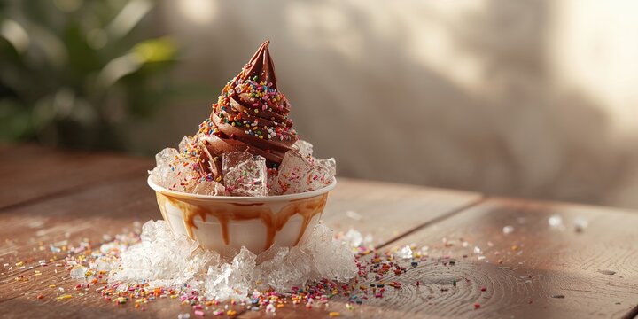 Chocolate ice cream served with candy and toppings in bingsu style, dessert aesthetics and texture